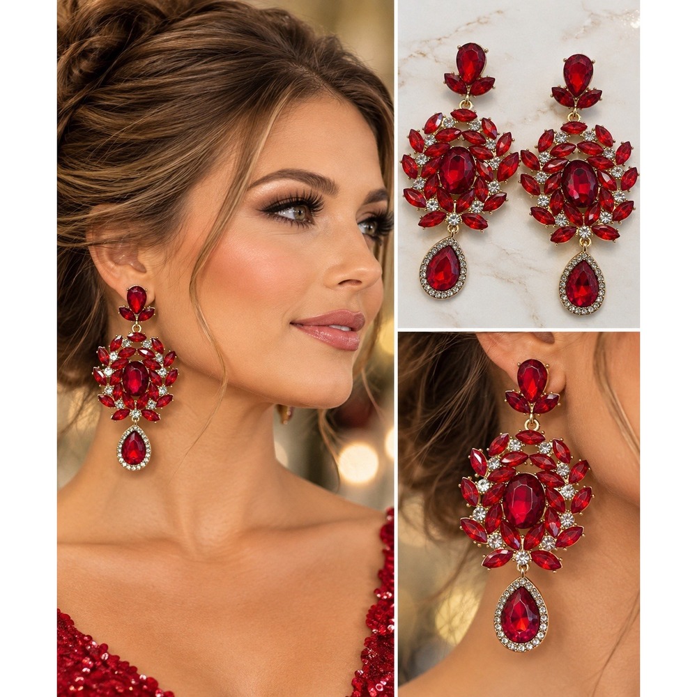 Red Rhinestone Pageant Earrings 3" Chandelier Crystal Gold Tone Statement